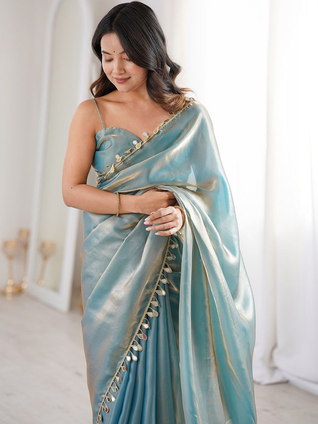 Premium Fendi Satin With Mirror Work 5.5 MTR Saree