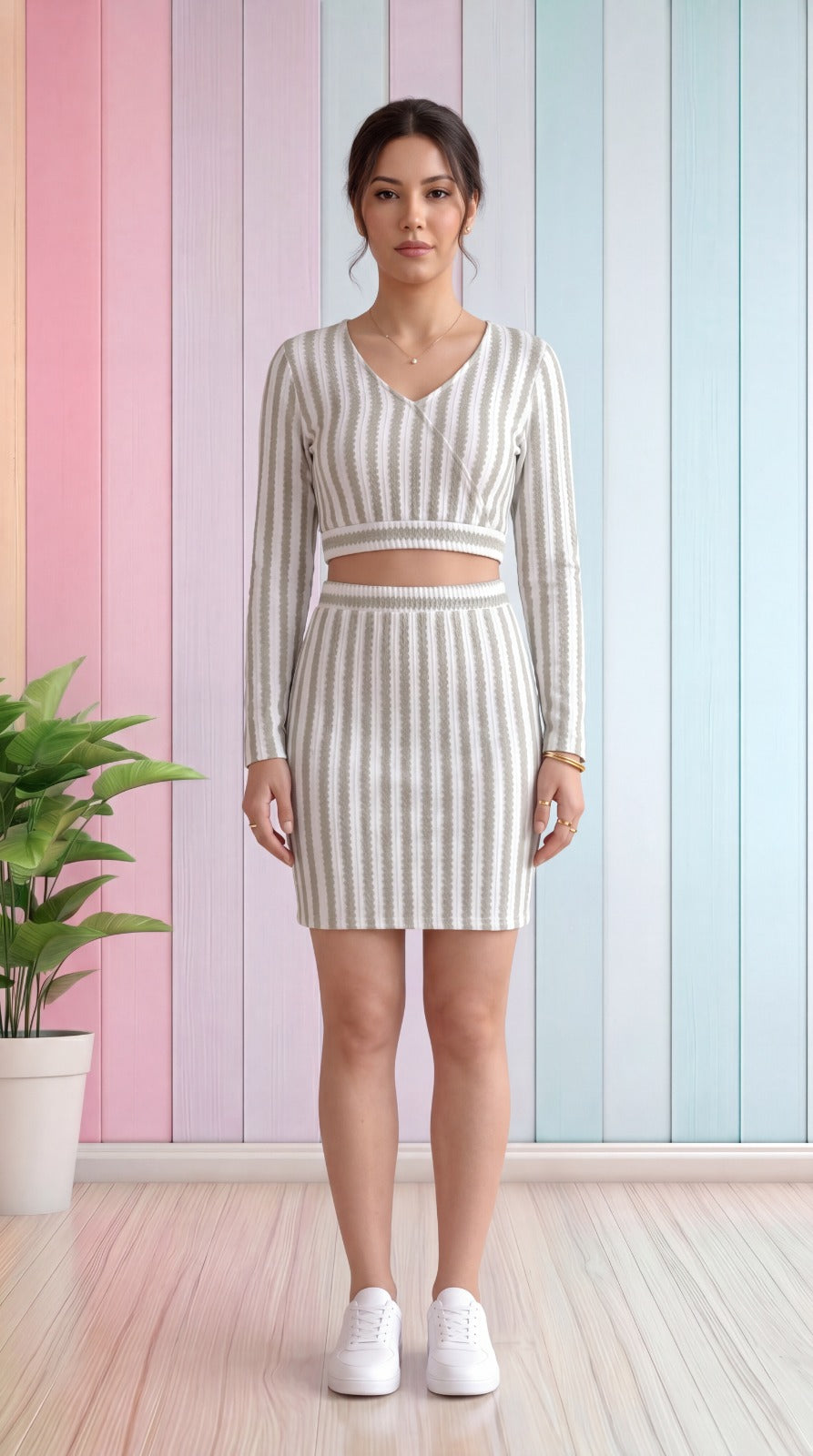 Nihareeka® Women’s Trendy Fancy Elegant Multi Color Printed Greenish Cream Co-Ords Sets (Crop Top & Skirt) Western Wear Summer Collection.