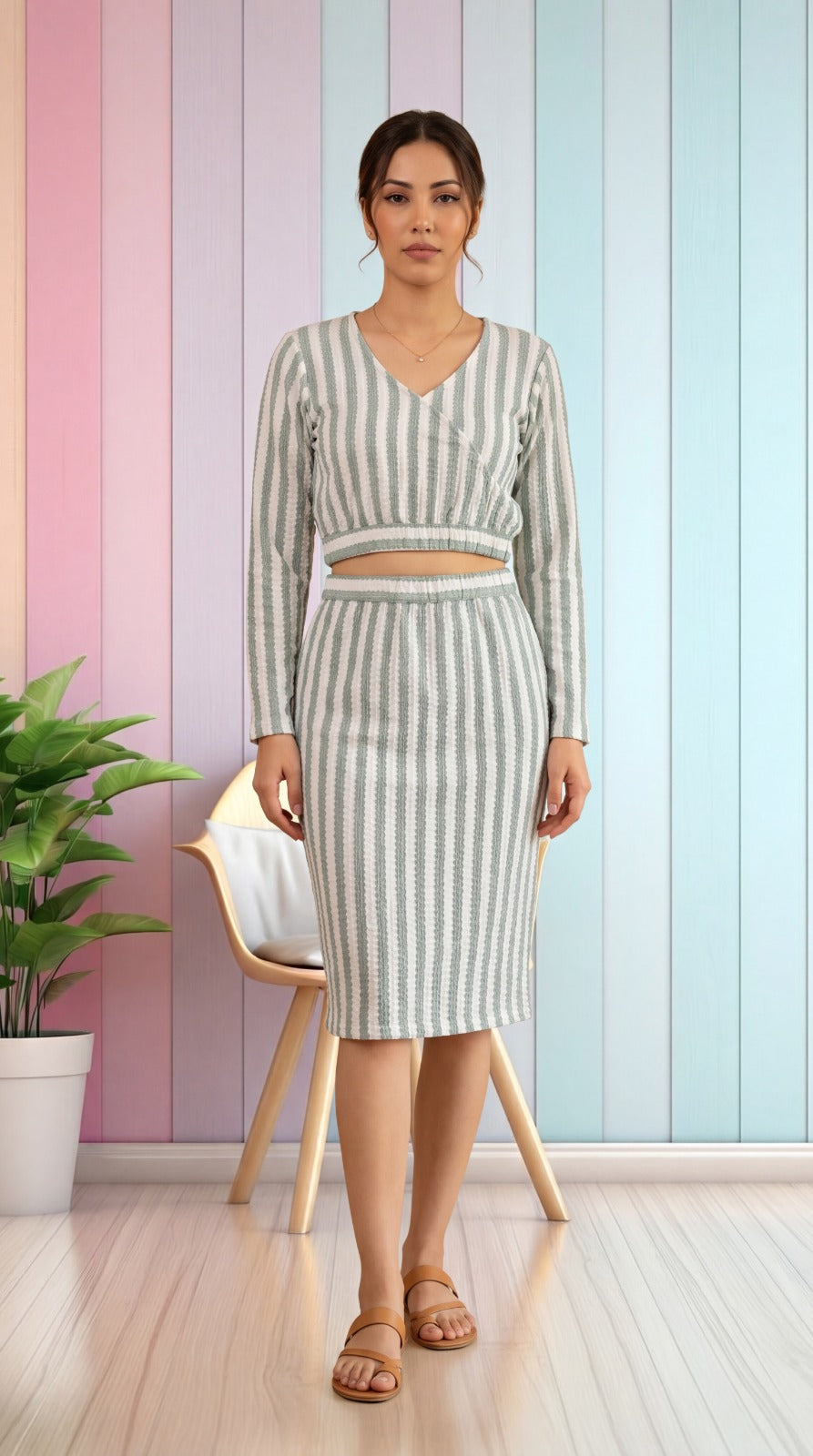 Nihareeka® Women’s Trendy Fancy Elegant Multi Color Printed Greenish Cream Co-Ords Sets (Crop Top & Skirt) Western Wear Summer Collection.