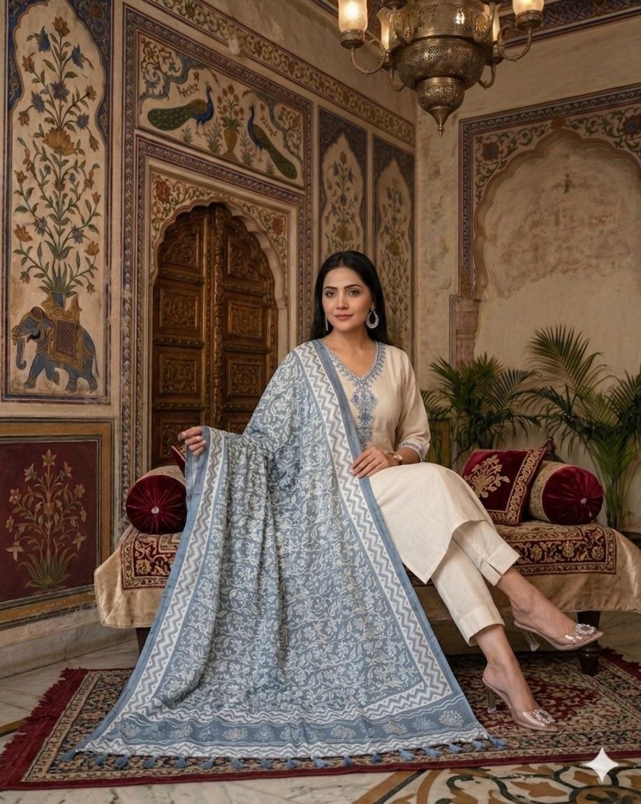 Womens Ethnic Embroidery Top Pant And Dupatta Set