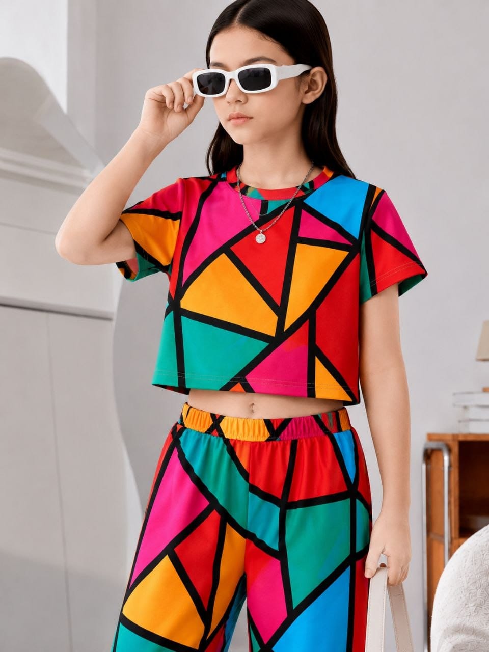 Girls Co-Ord Set | Half Sleeve Crop Top & Wide Leg Palazzo Set | Casual Wear | Soft & Comfortable | Kids Outfit