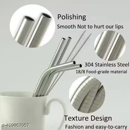 Warmfinity Stainless Steel Straws with Cleaning Brush for Kids & Adults, Bent Reusable Metal Straws, Cutlery (Pack of 4 Straight & 4 Bent, 2 Brush) Long Steel Straws for Drinking & Drinks, Silver