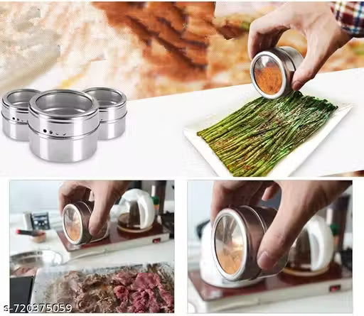 9-Pcs Stainless Steel Magnetic Spice Jars with Rack – Round Masala Containers & Spray Tins for Kitchen Storage