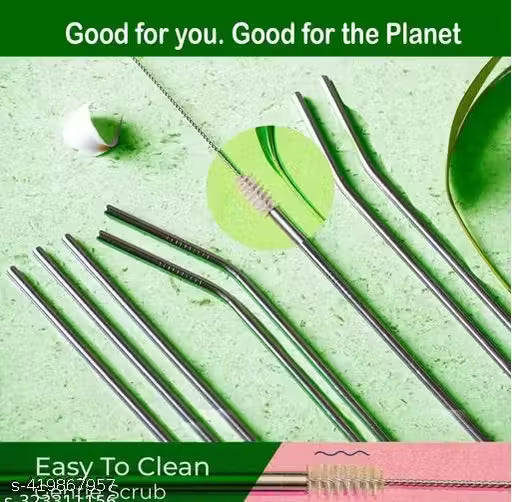 Warmfinity Stainless Steel Straws with Cleaning Brush for Kids & Adults, Bent Reusable Metal Straws, Cutlery (Pack of 4 Straight & 4 Bent, 2 Brush) Long Steel Straws for Drinking & Drinks, Silver