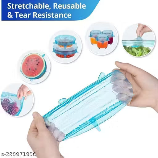 HaveAdeal Silicon Reusable Flexible lids forFood Covers Containers Stretch wrap and Seal Lids, Silicon Food wrap for Bowl Kitchen - Set of 6 with Various Sizes