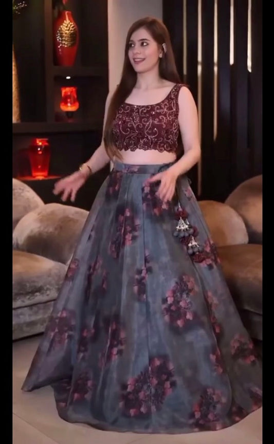 BRIDEMATE LOOK ORGANZA DESIGNER WEAR PRINTED LEHENGA CHOLI WITH BLOUSE AND BELT