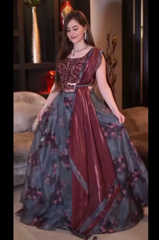 BRIDEMATE LOOK ORGANZA DESIGNER WEAR PRINTED LEHENGA CHOLI WITH BLOUSE AND BELT