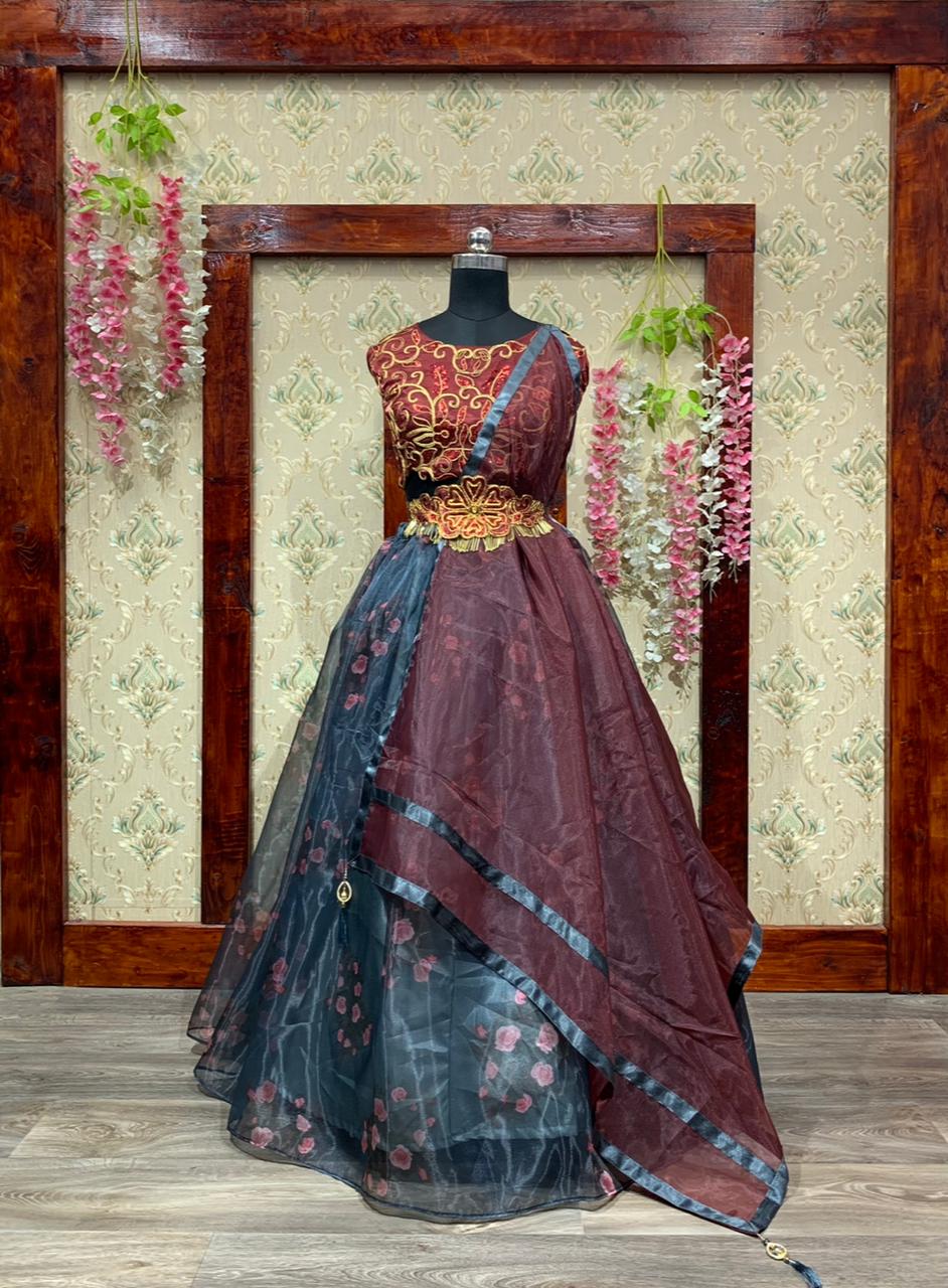 BRIDEMATE LOOK ORGANZA DESIGNER WEAR PRINTED LEHENGA CHOLI WITH BLOUSE AND BELT