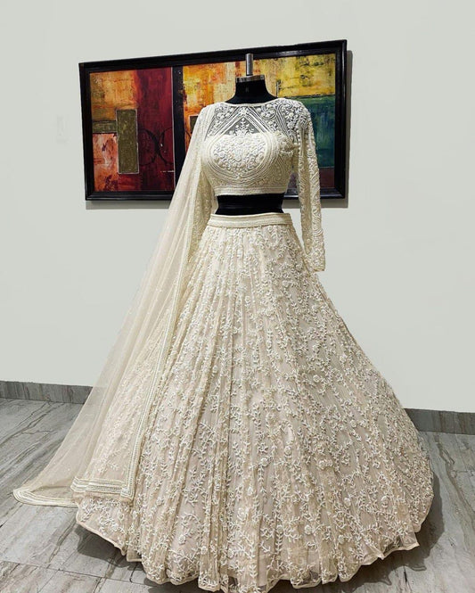 DESIGNER COLLECTION WHITE GEORGETTE HEAVY EMBROIDERY WORK LEHENGHA CHOLI SET