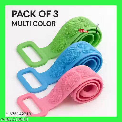 PACK OF 3 Silicone Back Scrubber Belt with Handles for Easy Bath & Body Cleaning