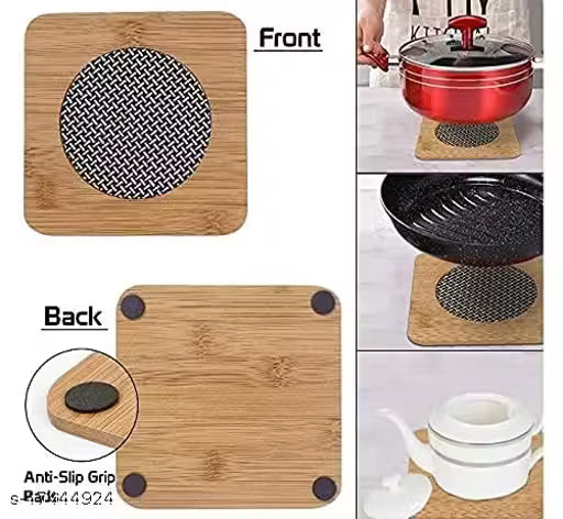 Square Shape Heat Resistant Wooden Coaster Pad Place mat for Hot Bowl Tea Cup, Kitchen Dining Pan Pot Holder,(Pack of 2 Pcs, Size 15cm)