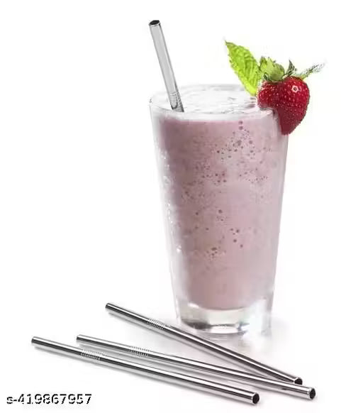 Warmfinity Stainless Steel Straws with Cleaning Brush for Kids & Adults, Bent Reusable Metal Straws, Cutlery (Pack of 4 Straight & 4 Bent, 2 Brush) Long Steel Straws for Drinking & Drinks, Silver