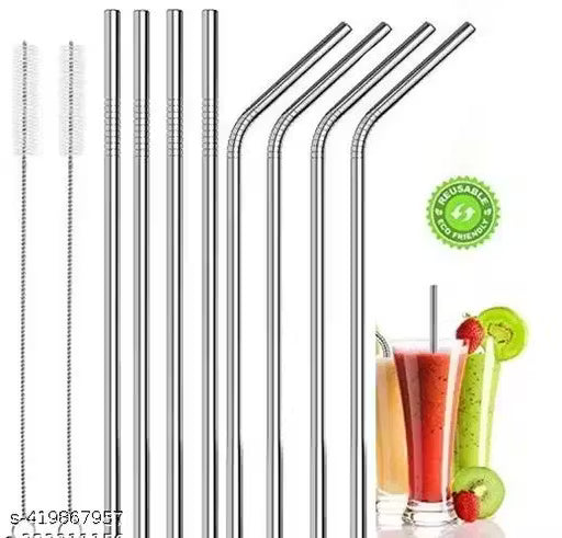 Warmfinity Stainless Steel Straws with Cleaning Brush for Kids & Adults, Bent Reusable Metal Straws, Cutlery (Pack of 4 Straight & 4 Bent, 2 Brush) Long Steel Straws for Drinking & Drinks, Silver