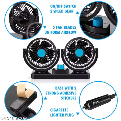 12V Dual Head Car Cooling Fan | 360° Rotatable Air Circulator | 2 Speed Adjustable Dashboard Fan | Portable Car Fan for SUV, Van & Truck (Black)