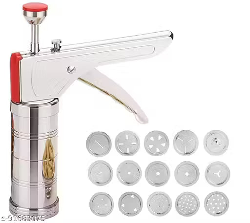 Stainless Steel Kitchen Press with 15 Different Types of Jalies, Murukku Maker/Bhujiya Maker/Noodles/Cookies/Namkeen/Chakali Maker/Sev Maker/Farsan Maker/Gathiya Maker